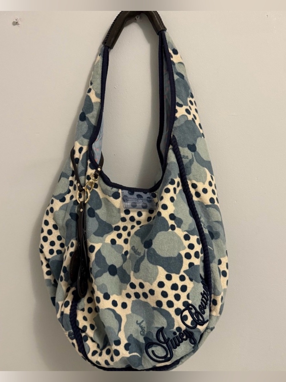 Juicy Couture Blue and Cream Floral Shoulder Bag with Navy Trim